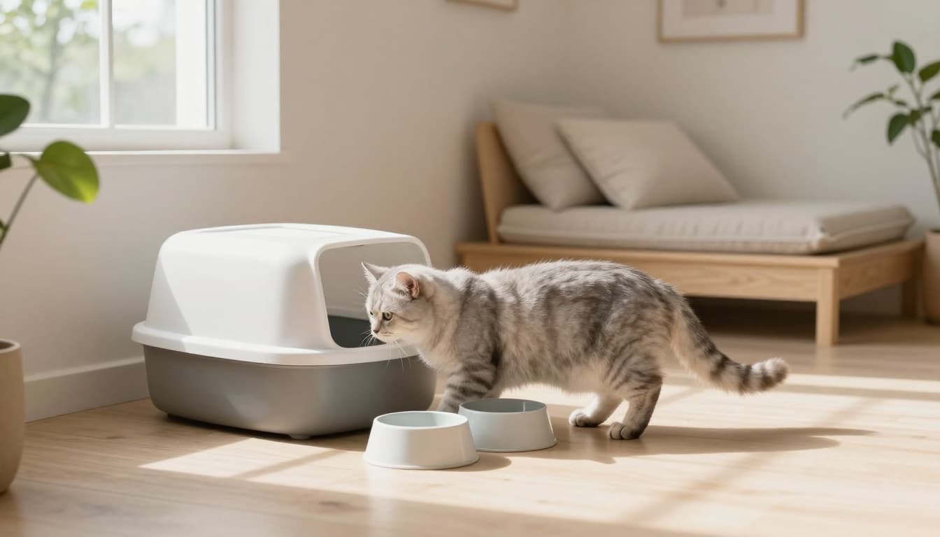 A light gray fluffy cat easily uses a wide low-sided litter box and water bowls in a bright minimalist Scandinavian living room, with a ramp to a cozy rest area.