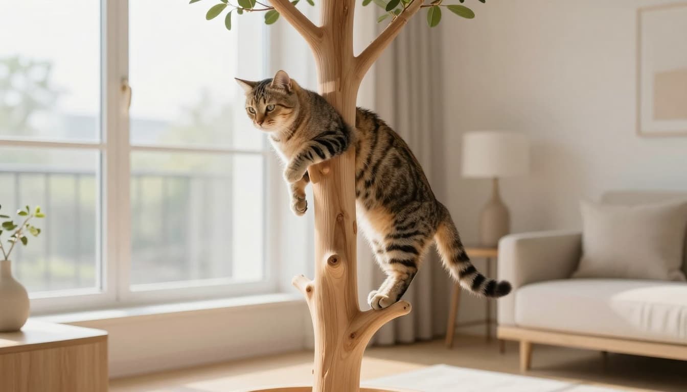 An energetic adult cat climbs and plays on a sturdy solid wood cat tree in a modern Scandinavian living room, with bright natural light filtering through large windows and minimalist beige and light wood decor creating a dynamic yet cozy mood.