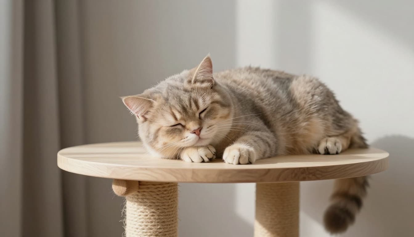 An adorable kitten sleeps on a stable cat tree perch in a modern neutral-toned room with minimalist Scandinavian decor, light wood, beige textiles, and soft natural light. The kitten's hind paws twitch as if pedaling in a dream, tail slightly moving, in premium realistic lifestyle photography with cozy atmosphere.