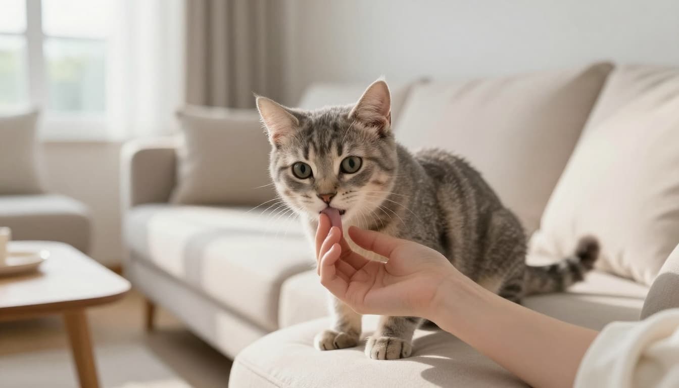 An adorable fluffy gray tabby kitten with big curious eyes gently licks a person's fingers on a cozy beige sofa in a bright Scandinavian living room.