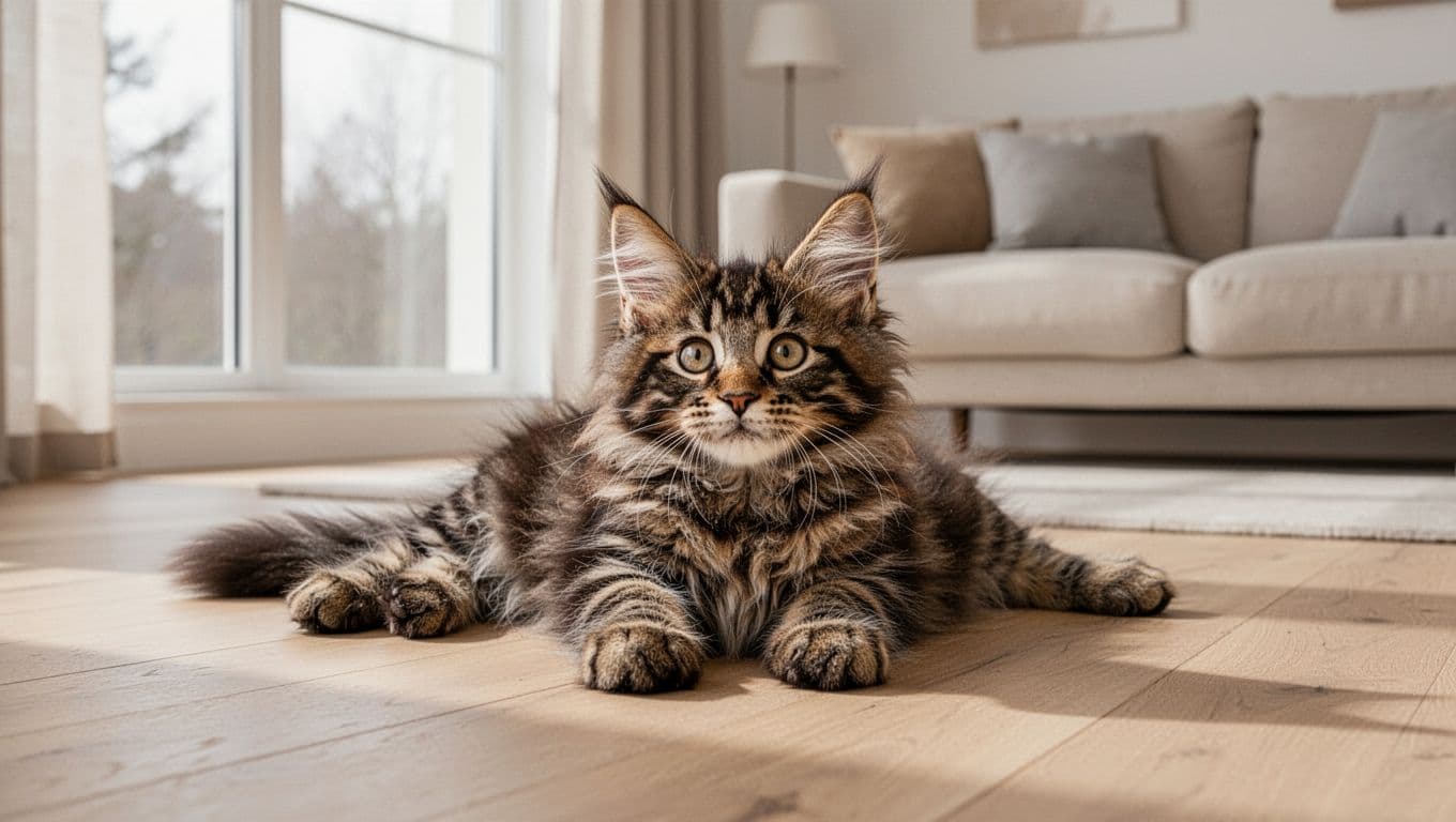 Exactly one adorable Maine Coon kitten with fluffy brown tabby fur and large paws lies relaxed and curious on a light wooden floor in a bright Scandinavian-style living room with soft natural light from large windows and minimalist beige decor.