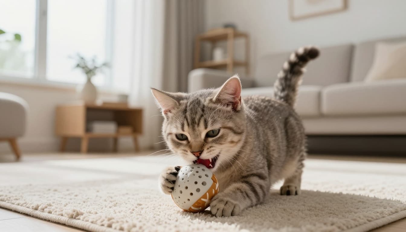 An adorable short-haired kitten around 4 months old chews enthusiastically on a soft rubber toy in a cozy modern Scandinavian living room with bright natural light from large windows, minimalist decor in light wood furniture, neutral beige and soft grey tones.