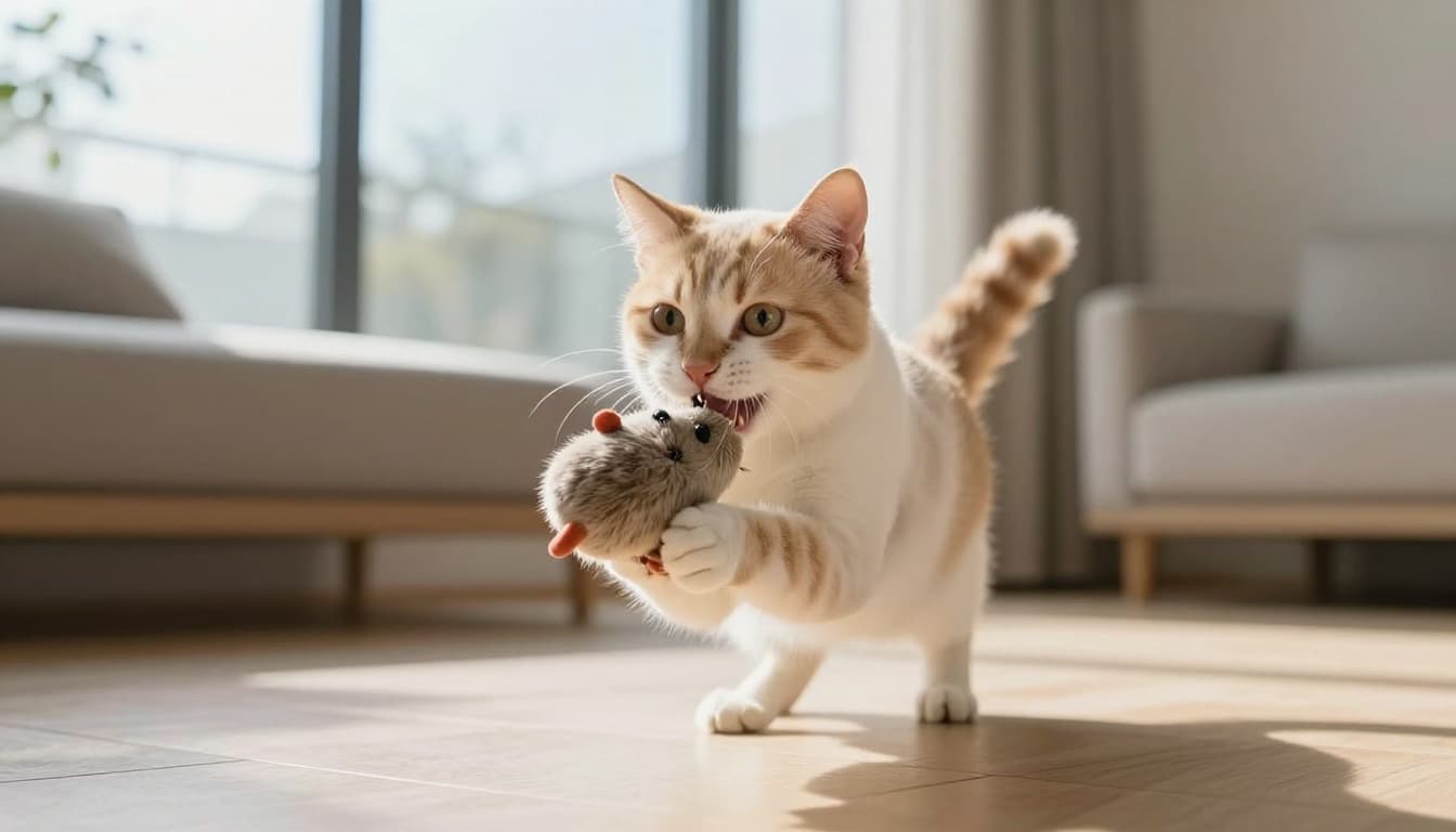 An adorable short-haired kitten enthusiastically nibbles a mouse-shaped toy in a cozy modern Scandinavian living room bathed in bright natural light from a large window, featuring minimalist decor with light wood furniture and neutral tones. Premium realistic lifestyle photo with soft natural shadows, slight depth of field on the kitten's face showing tiny white milk teeth, dynamic joyful composition.