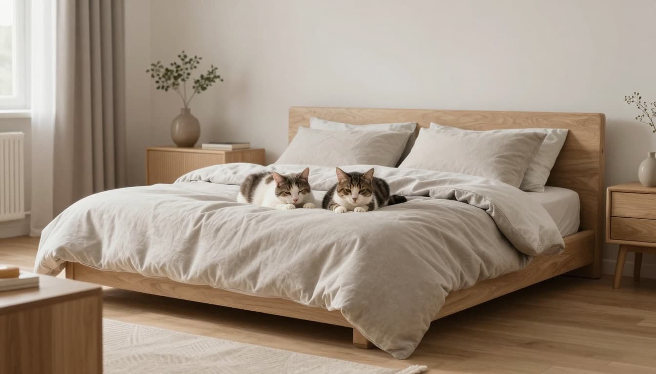 Two adorable kittens sleeping together on a soft blanket in a cozy corner of a modern Scandinavian apartment with soft natural light and minimalist decor.