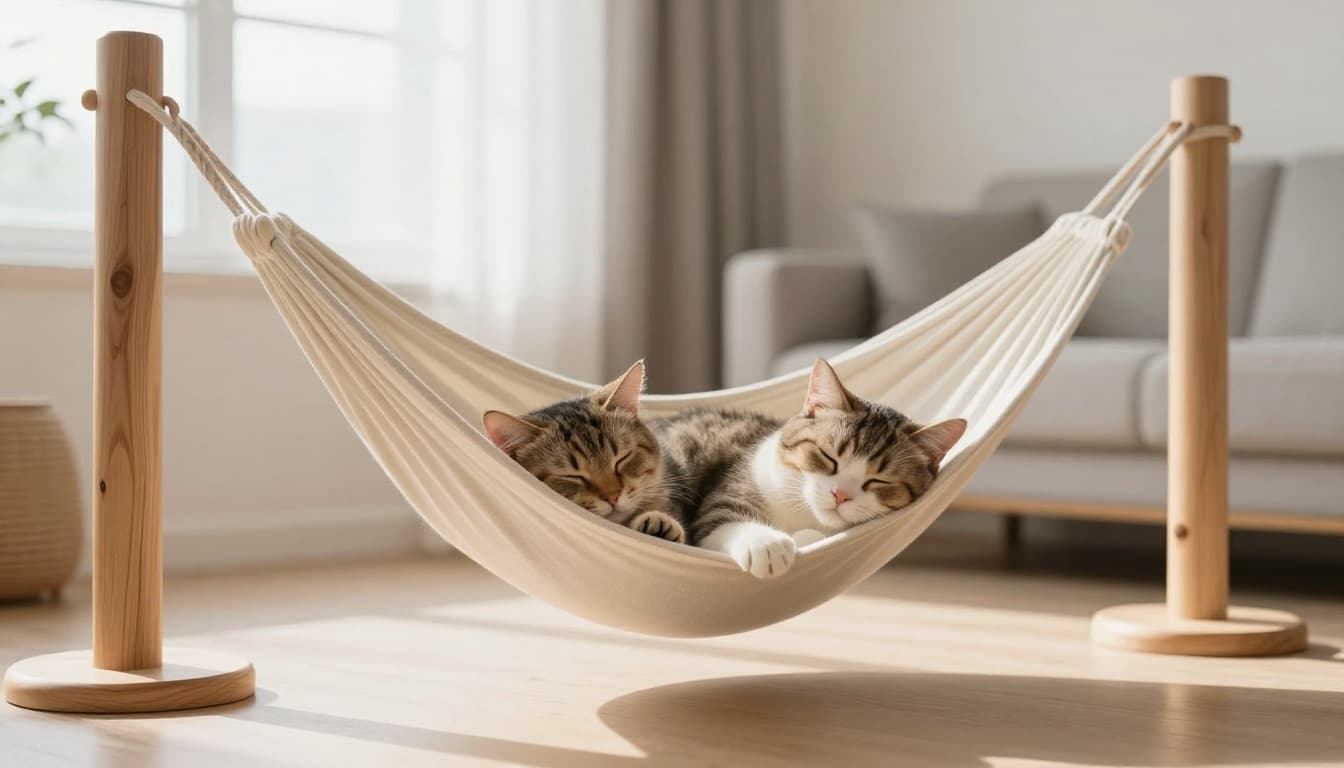 An adorable kitten curled up and sleeping deeply on a hammock in a designer wooden cat tree, within a bright Scandinavian interior featuring abundant natural light, minimalist decor, and a warm cozy atmosphere with neutral colors like beige, light wood, and soft gray.