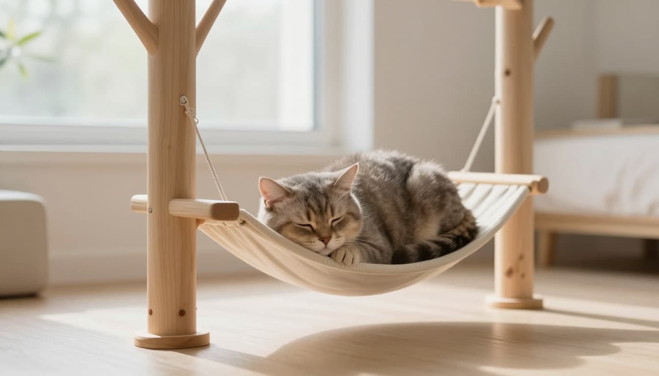 An adorable kitten sleeps deeply, curled up on a premium light wood cat tree in a minimalist Scandinavian interior with soft natural light and cozy beige tones.