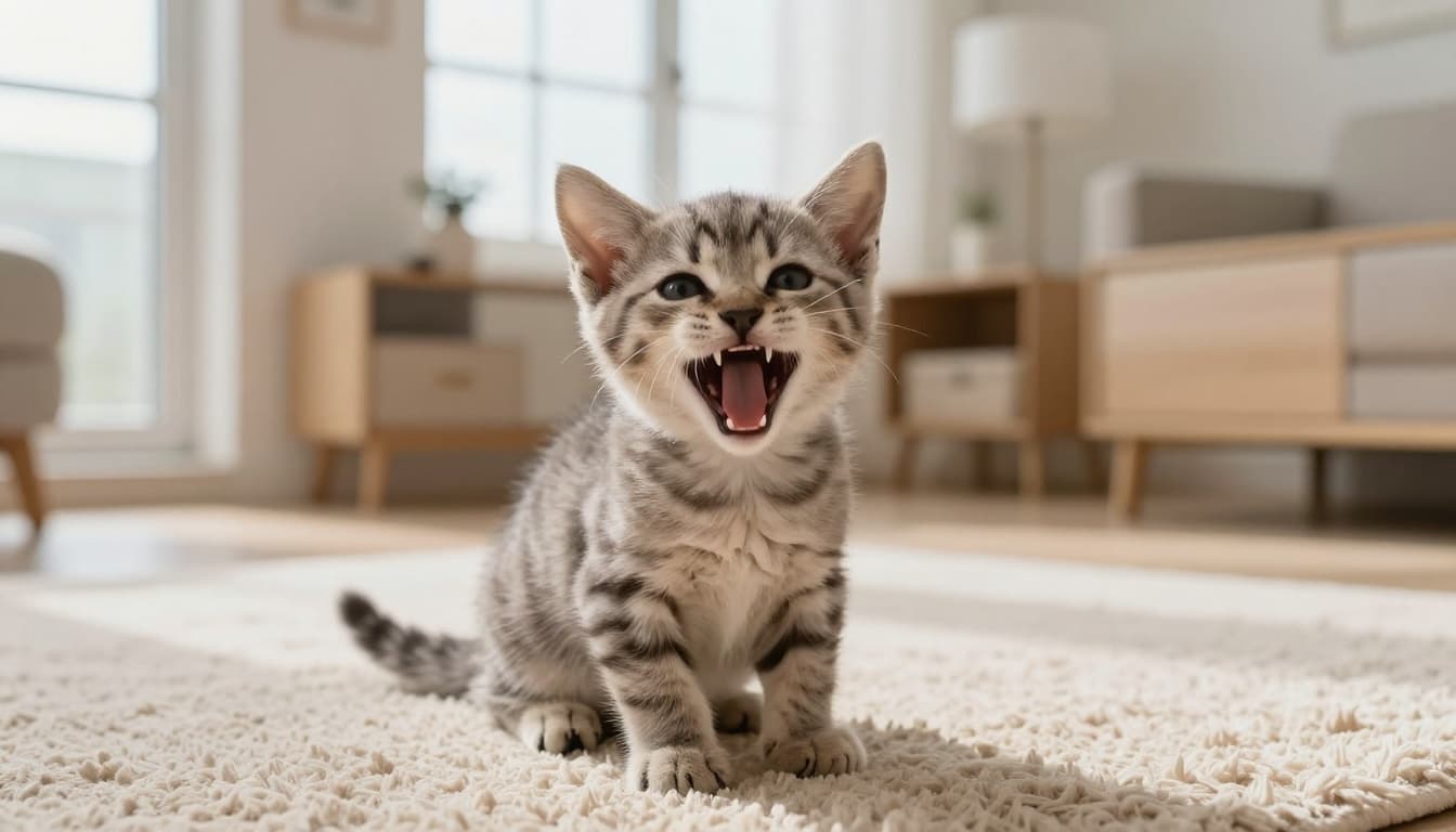 An adorable short-haired kitten around 4 weeks old sits on a fluffy beige rug in a bright Scandinavian living room, yawning playfully to reveal its emerging tiny white milk teeth.