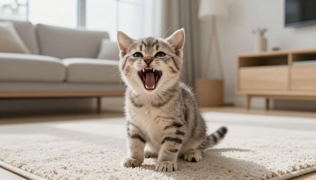 An adorable 3-month-old short-haired kitten yawns playfully on a fluffy beige rug in a bright modern Scandinavian living room, showcasing its thin white milk teeth and emerging permanent teeth with sharp focus.