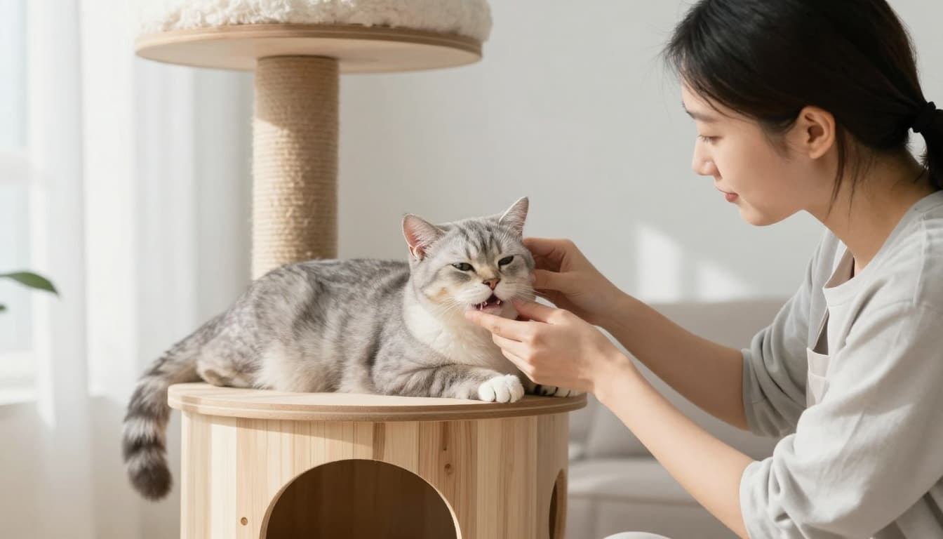 A calm adult cat with pale gums rests on a stylish wooden cat tree in a bright minimalist Scandinavian living room, gently observed by its owner amid natural light and neutral tones.