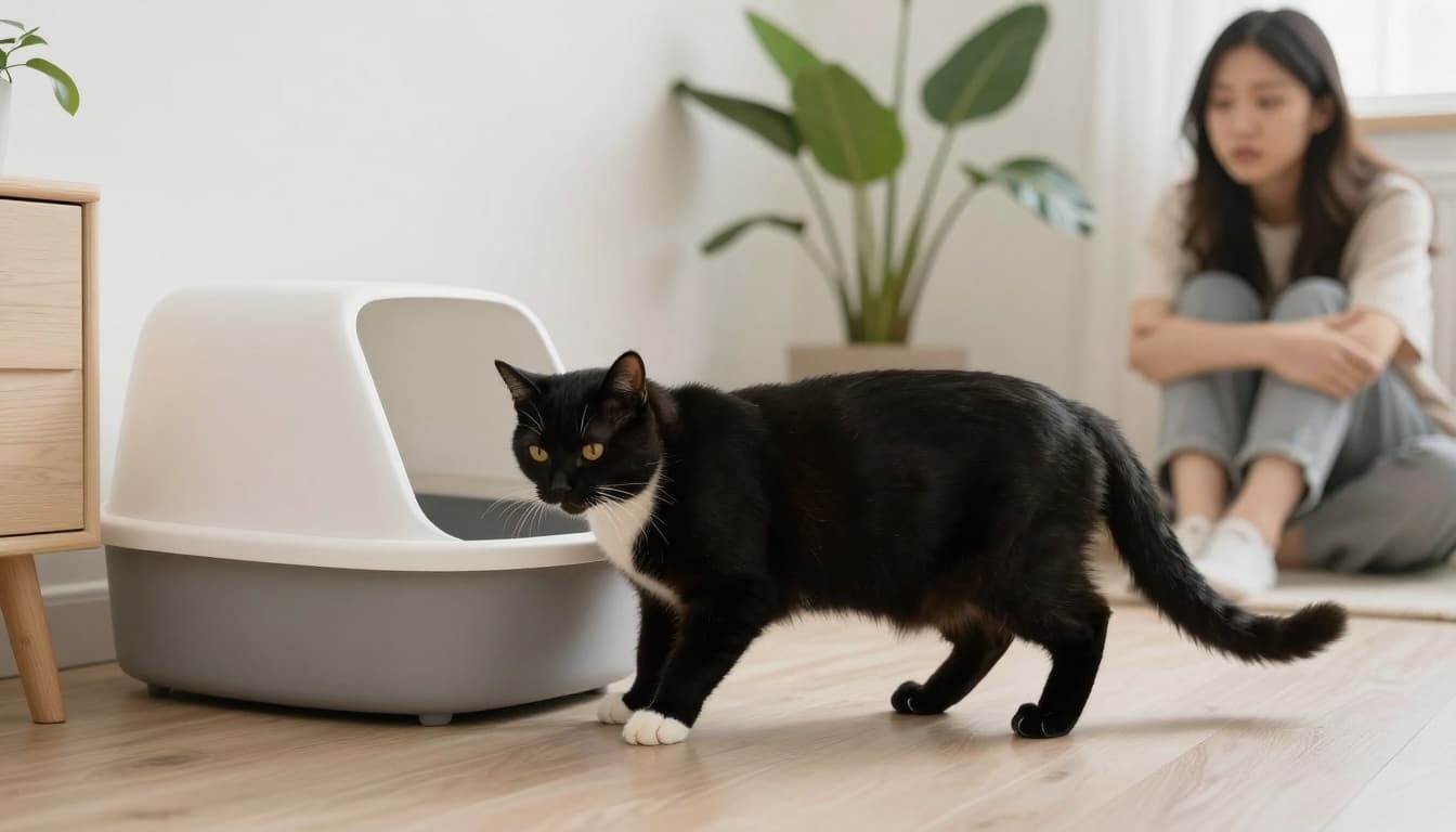 An adult cat subtly strains in an awkward position at a litter box inside a modern minimalist Scandinavian interior with neutral tones, bright natural light, and elegant plants. A concerned owner observes calmly from a distance, creating a cozy mood despite the mild discomfort.