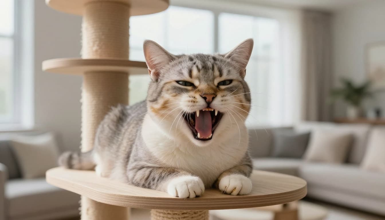 An elegant short-haired adult cat around 5 years old relaxes on a stylish light wood cat tree in a cozy modern Scandinavian living room, mouth open in a yawn revealing moderate yellow tartar on teeth.