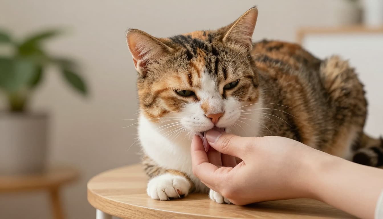 Close-up of an affectionate calico cat gently licking and nibbling a relaxed human hand, with soft paws touching and eyes half-closed in contentment, set on a light wood table in a bright Scandinavian interior.
