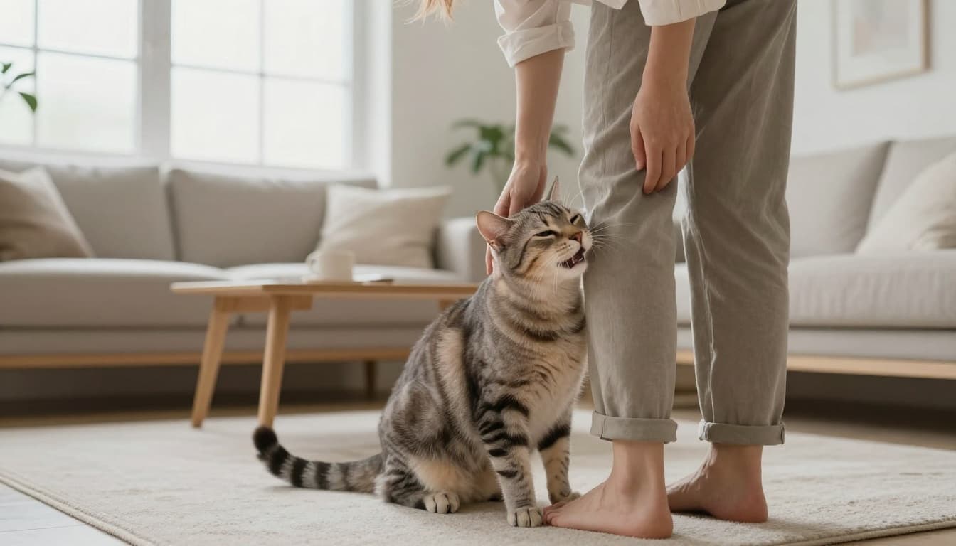 In a bright Scandinavian living room with minimalist neutral tones, a tabby cat affectionately rubs its head and body against its standing owner's legs, eyes half-closed in trust and purring softly.