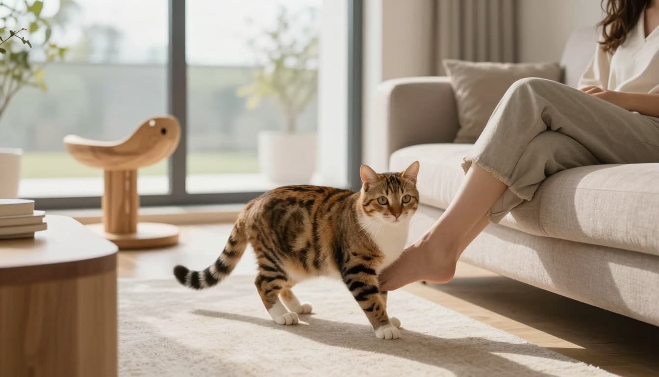 A silky tabby female cat rubs against a person's legs on a sofa in a modern minimalist Scandinavian living room with natural light, light wood furniture, and an elegant cat tree in the background.