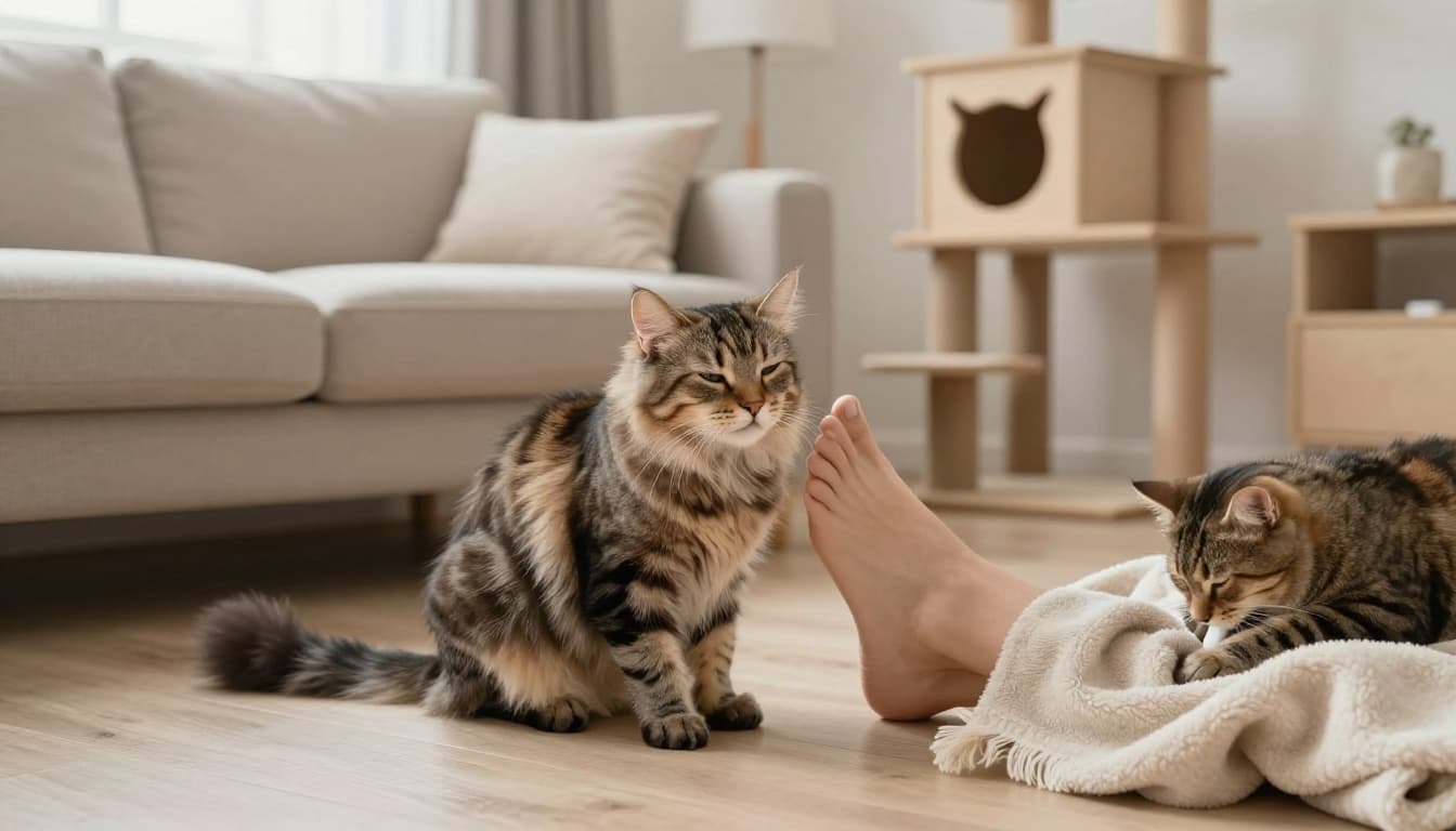 In a bright Scandinavian living room with minimalist decor and neutral tones, a fluffy tabby cat rubs affectionately against a person's leg while purring contentedly, as another cat kneads a blanket nearby with a premium wooden cat tree in the background.