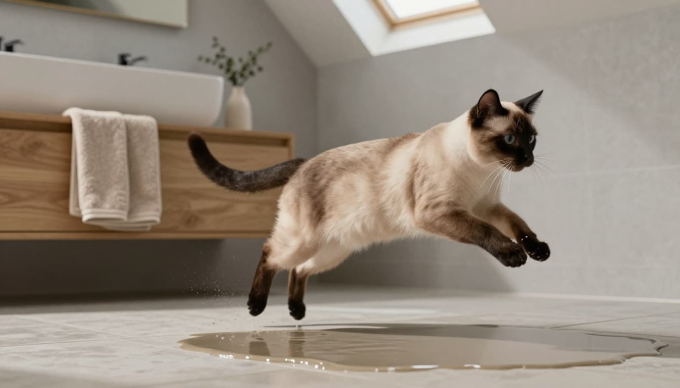 An agile Siamese cat leaps gracefully over a shallow puddle on a tiled floor in a modern Scandinavian bathroom, body arched mid-jump showing speed and control. Background features light wood vanity, beige towels, soft gray walls, bright natural light from skylight, calm cozy atmosphere.