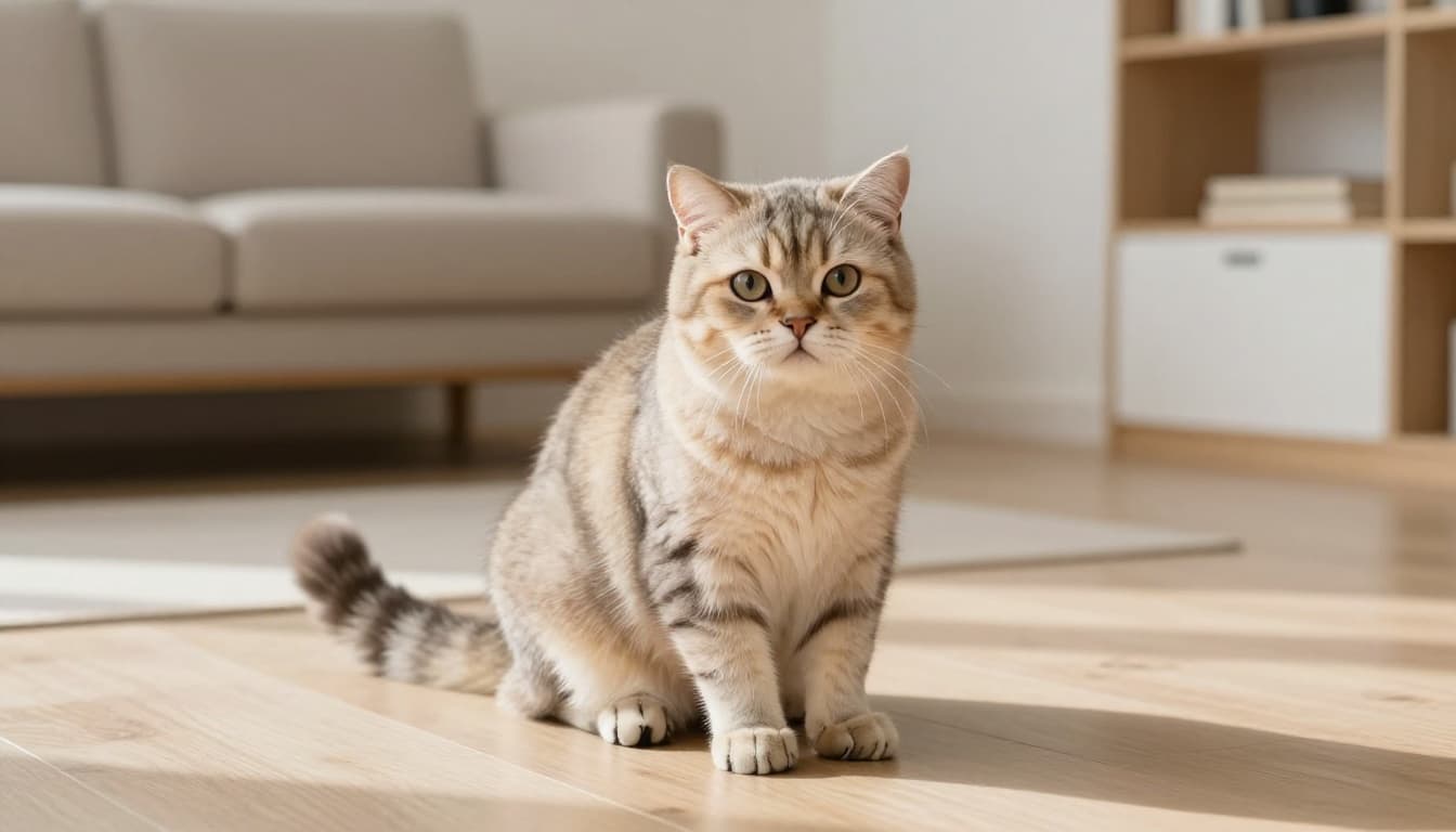 A fluffy domestic cat shows agitation signals like swishing tail, flattened ears, dilated pupils, rippling skin, tense shoulders, and arched body on a light wood floor in a bright modern Scandinavian living room with natural sunlight.
