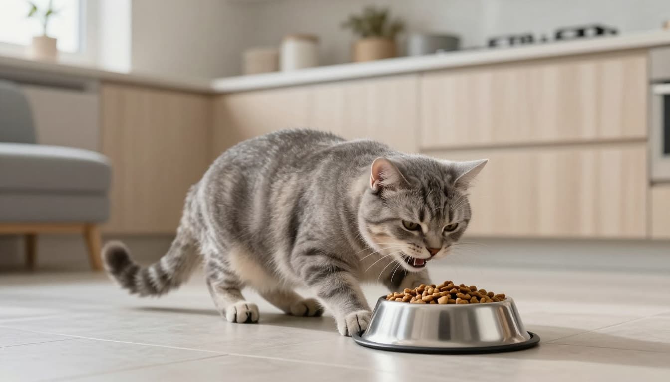 A domestic grey tabby cat shows agitation by scratching frantically around its stainless steel food bowl with kibble in a bright modern Scandinavian kitchen.