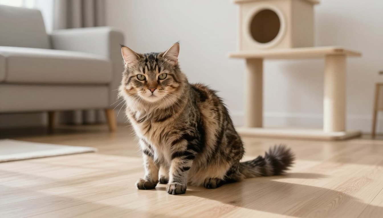 A fluffy tabby domestic cat exhibits subtle agitation with rippling skin, flicking tail, tilted ears, and restless posture on a light wood floor in a bright, cozy Scandinavian living room with minimalist decor.
