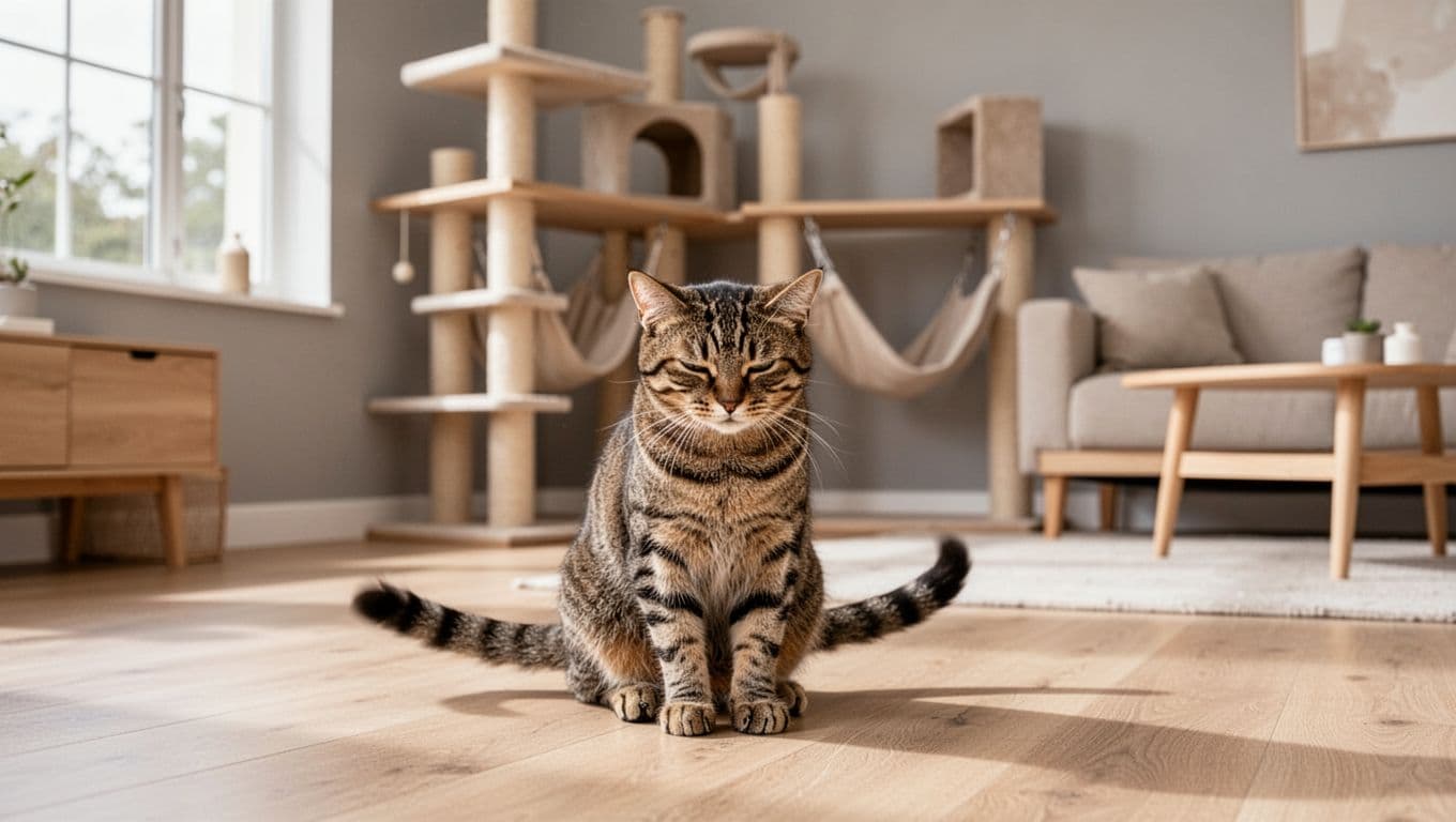 Exactly one elegant tabby cat sits on a light wood floor in a bright modern Scandinavian living room, ears flattened and tail swishing in mild displeasure. Premium wood cat tree in the minimalist background with natural daylight and cozy neutral tones.