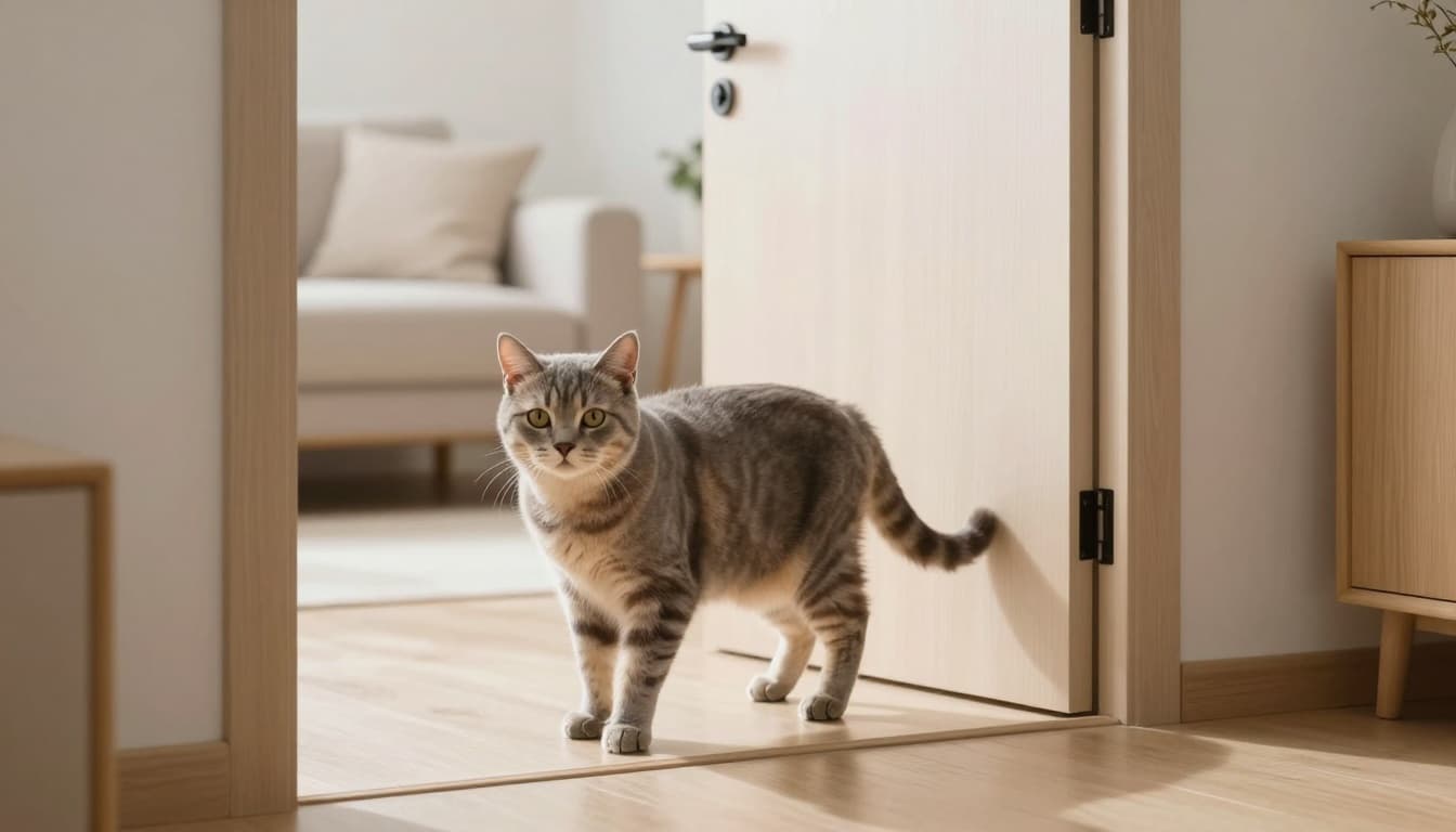 An uncastrated male cat frantically reacts to a female in heat by meowing loudly and spraying urine on a door in a bright, minimalist modern Scandinavian living room with soft natural light and a premium cat tree in the background.