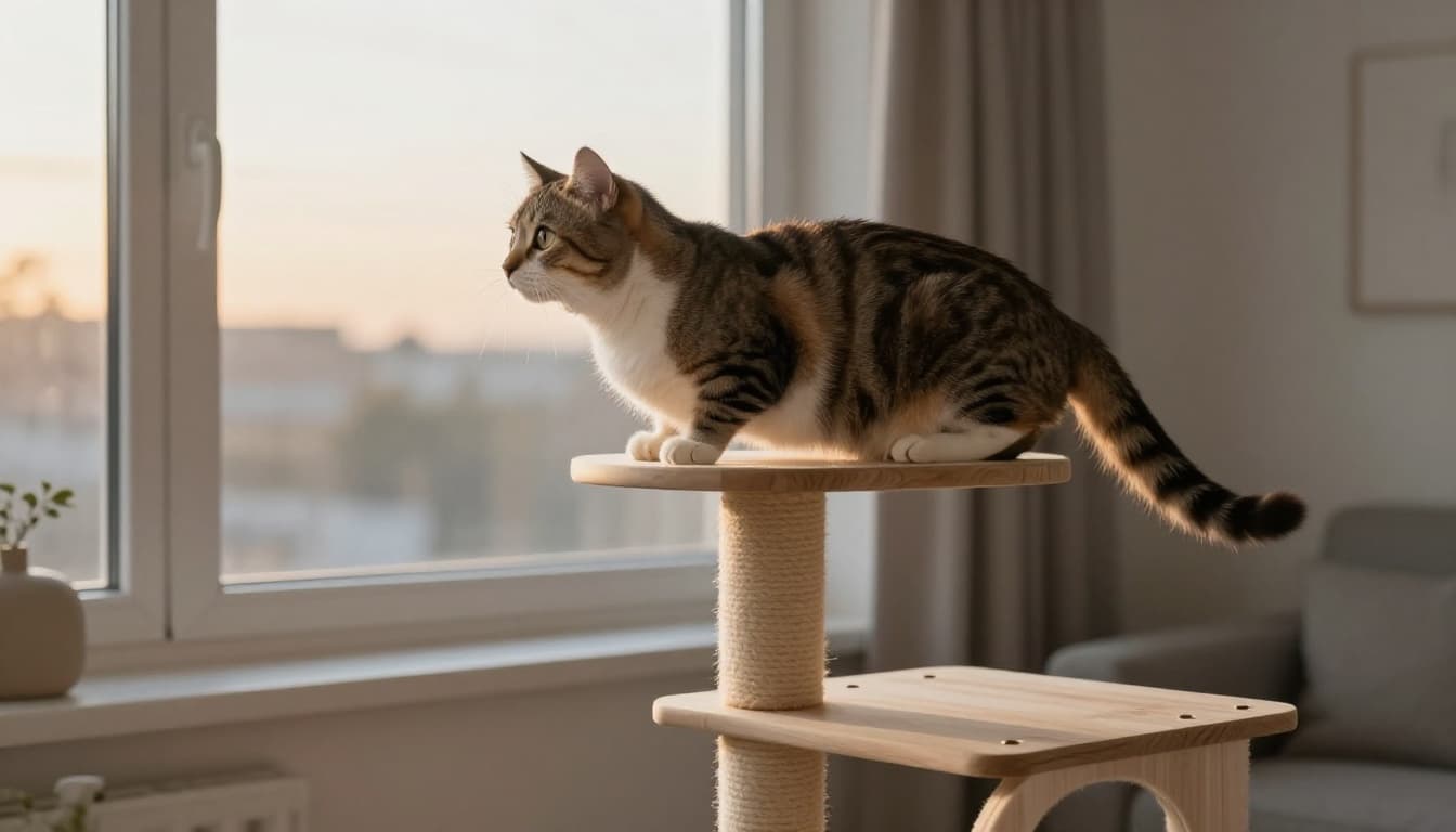 An alert cat perched high on a premium solid wood cat tree platform gazes intently out a large window at dawn, as soft golden morning light filters into a minimalist Scandinavian living room with neutral beige, light wood, and soft grey tones.