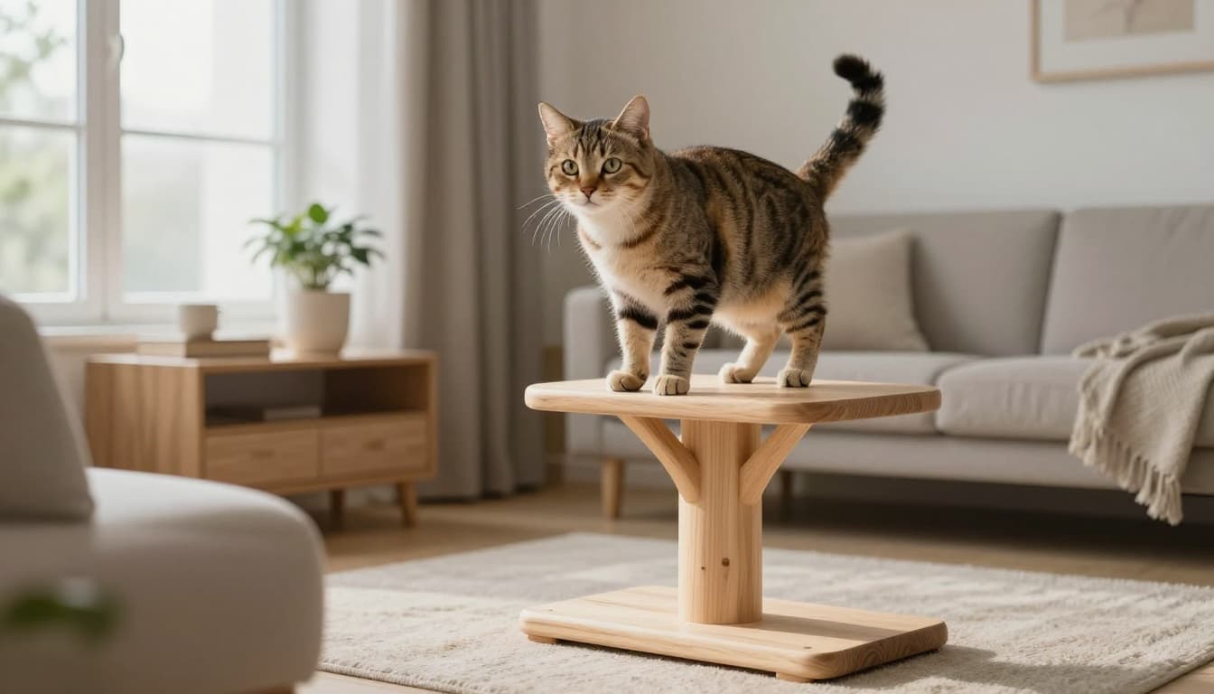 Active domestic cat perched alert on a stylish light wood cat tree in a modern Scandinavian living room, bathed in soft morning light with minimalist beige and gray decor.