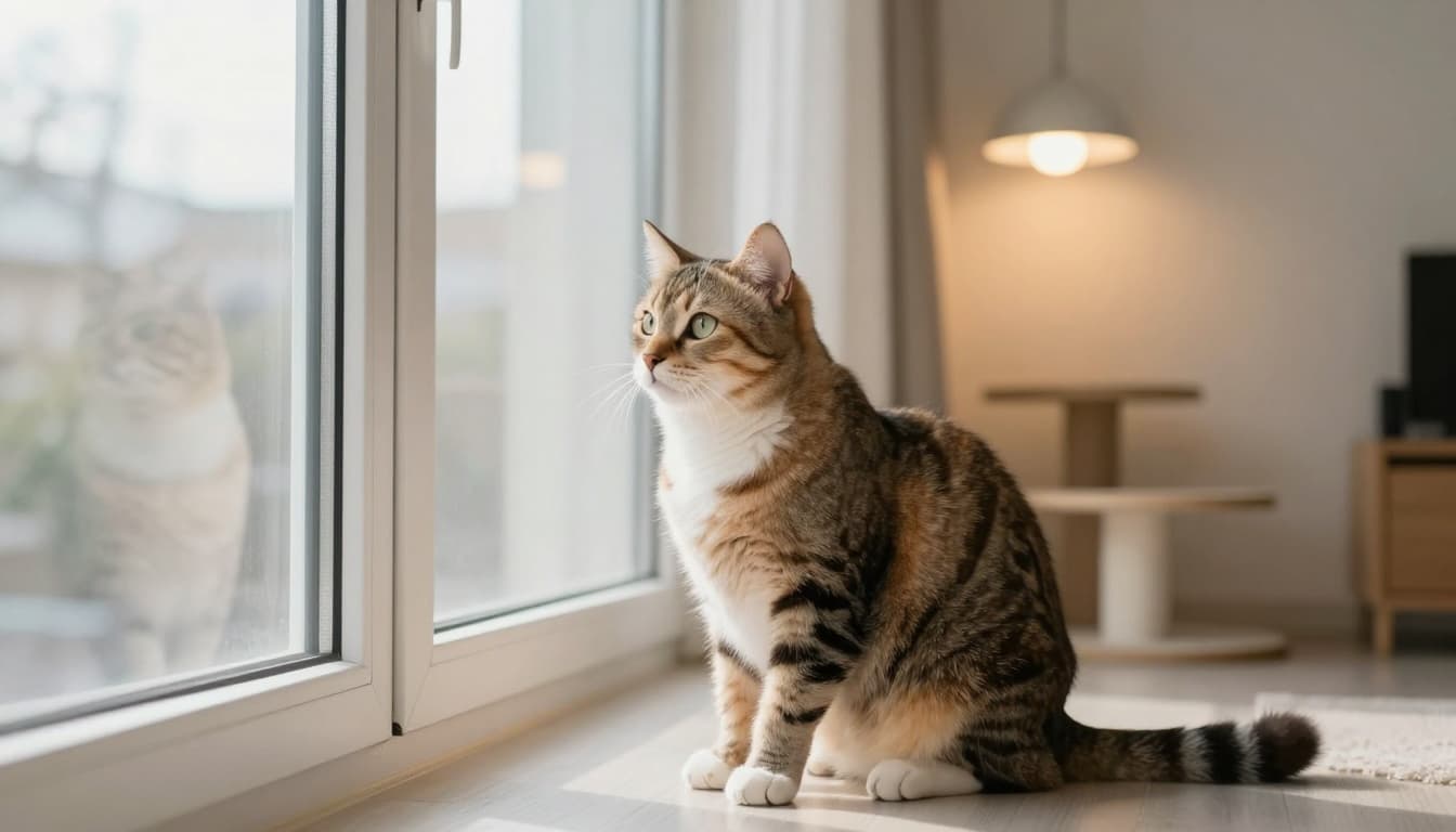 An indoor female cat near a sunlit window during breeding season, alert and gazing outside, with artificial lights mimicking long days in a minimalist Scandinavian room featuring elegant cat furniture.