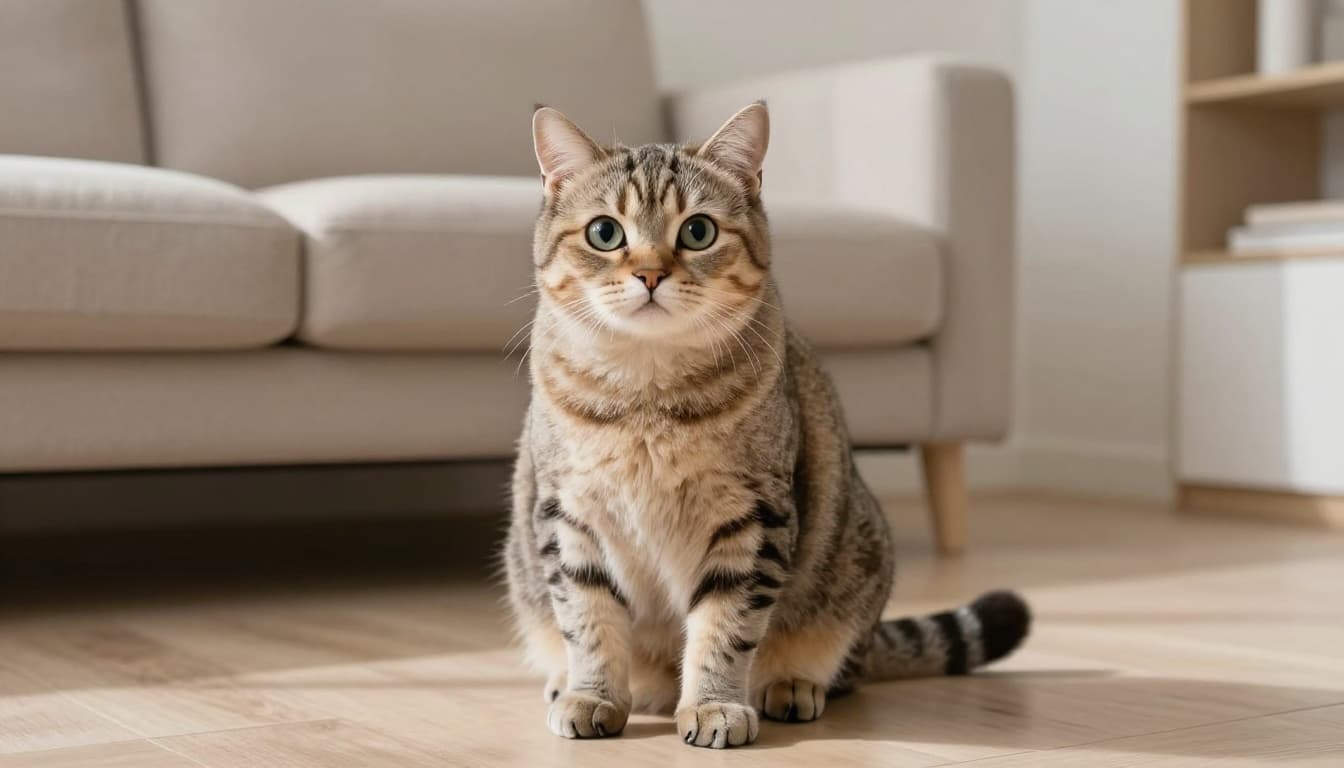 In a cozy modern Scandinavian living room with neutral tones and soft natural light, a fluffy tabby cat sits tense with flattened ears, dilated pupils, and an intense stare ahead.