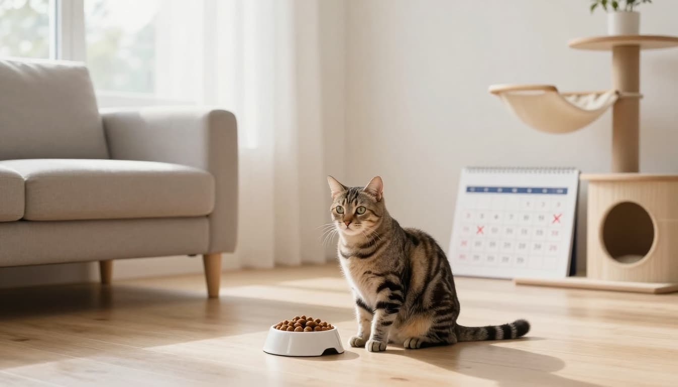 A sleek tabby cat sits alert beside an empty food bowl on a light wooden floor, next to a wall calendar with days crossed out, in a bright minimalist Scandinavian living room.