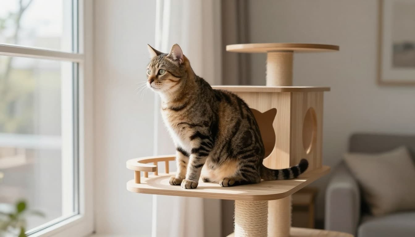 A sleek adult tabby cat stays awake and alert on a high platform of an elegant light wooden cat tree in a modern Scandinavian living room. Bright natural light filters through large windows, creating a cozy minimalist decor with neutral tones.
