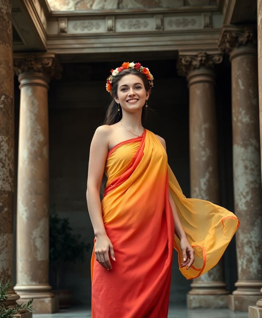 Mariée de l’Antiquité en chiton coloré, voile léger et couronne de fleurs d’oranger dans un temple de marbre, ambiance festive. Image créée avec l’IA