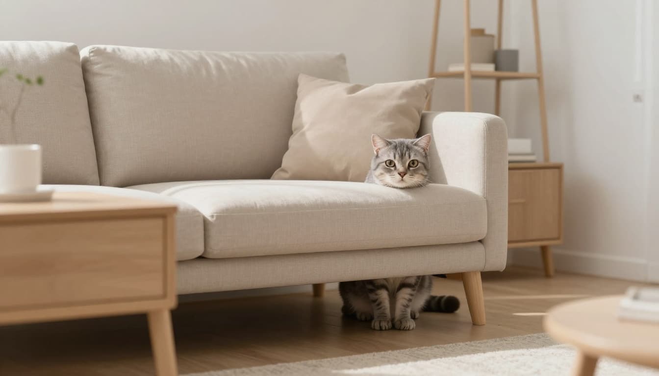 In a bright minimalist Scandinavian living room with soft natural light, a sleek gray tabby cat hides cautiously under a low beige sofa, peeking out with wide alert eyes, flattened ears, and tense posture indicating anxiety and hypervigilance amid cozy neutral decor.