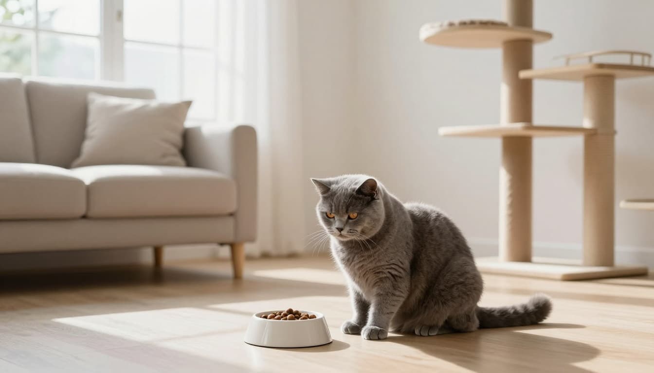 A fluffy grey cat looks anxious next to an untouched food bowl in a bright modern Scandinavian living room with a Meowood cat tree.