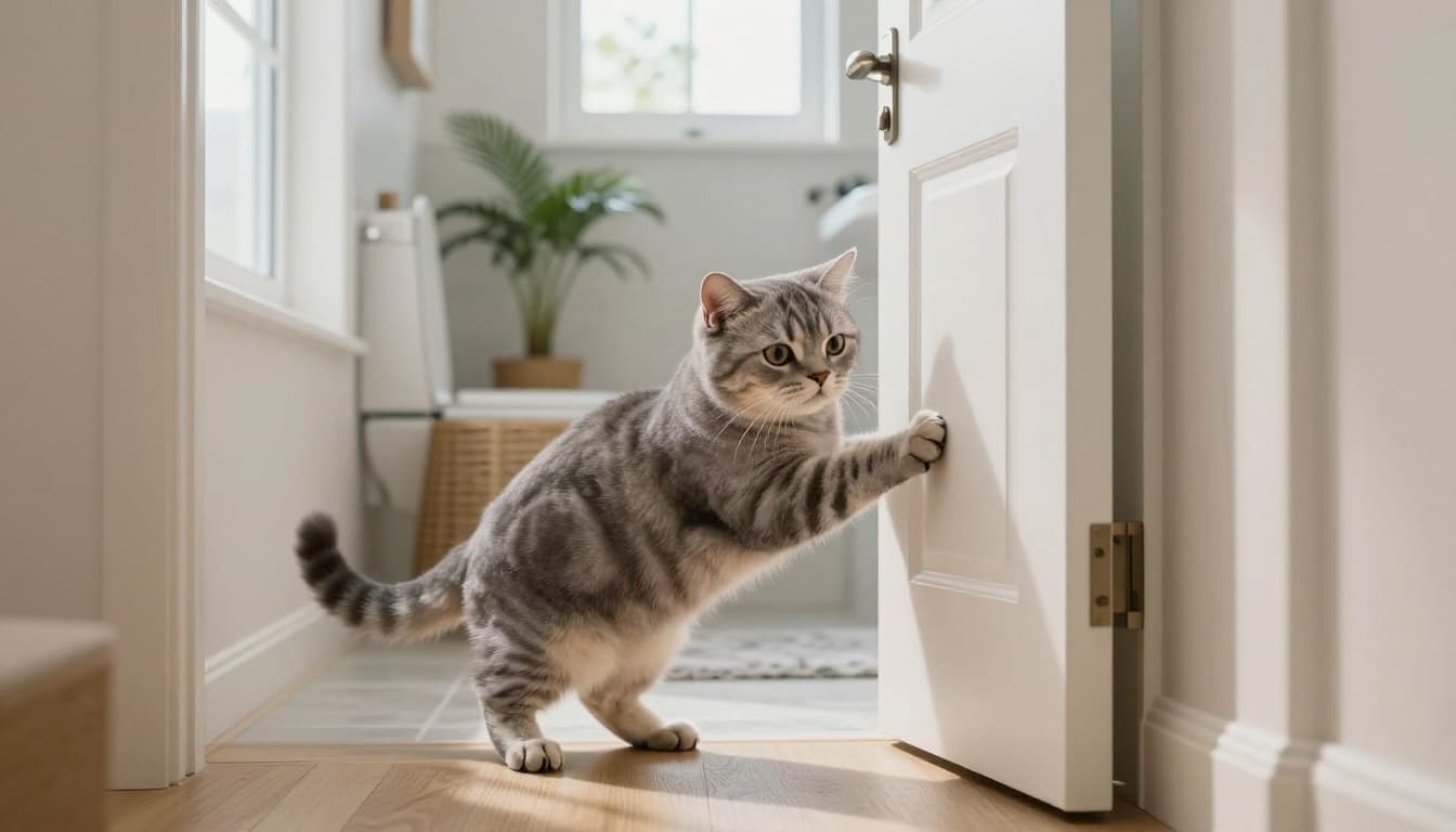A curious yet anxious short-haired grey tabby cat with wide eyes and tense posture paws insistently at a slightly open white bathroom door in a bright, modern Scandinavian-style hallway with minimalist decor and natural light.