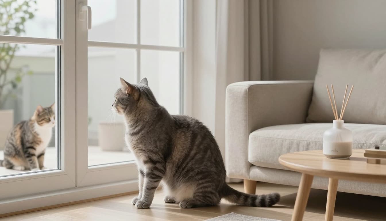 A sleek grey tabby cat looks anxious through a large window in a bright Scandinavian living room, spotting a neighbor cat outside, with a modern beige sofa and ambient diffuser nearby. Premium lifestyle photography captures the tense cat in a minimalist, cozy interior with natural light.