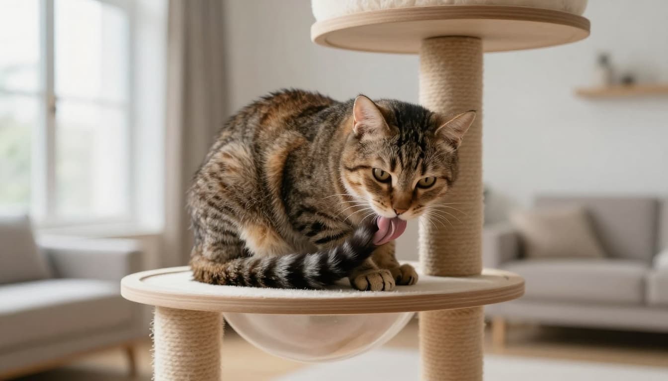 A stressed adult cat curled tightly on a premium light wood cat tree perch in a bright Scandinavian minimalist living room, displaying anxiety with dilated pupils and groomed fur amid neutral tones and natural light.