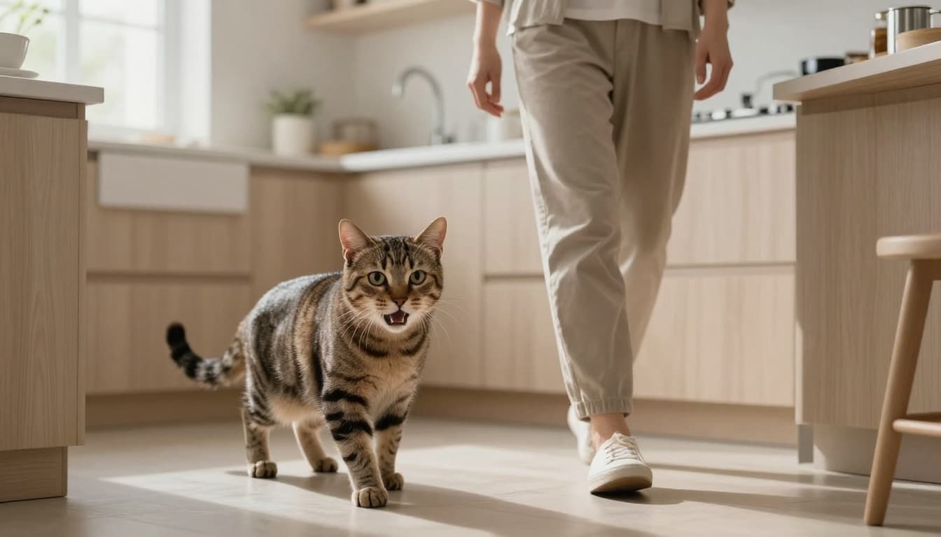 In a bright Scandinavian kitchen with minimalist neutral tones, a tabby cat shows anxiety with wide eyes and crouched posture while following its calm owner toward the sink.