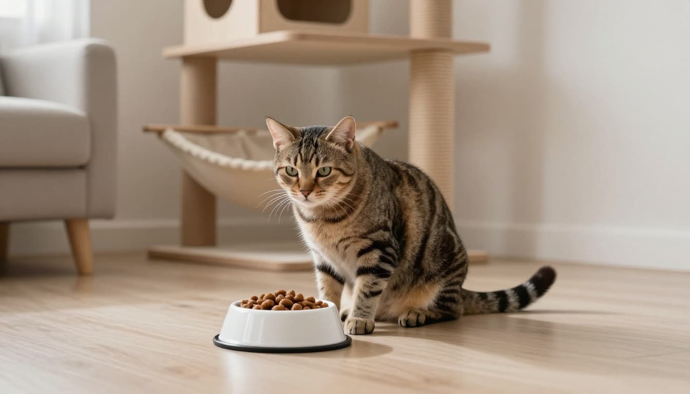 A tabby cat stares uninterested at a full food bowl in a bright minimalist Scandinavian living room, body tense and tail twitching, with a premium wooden cat tree in the background.