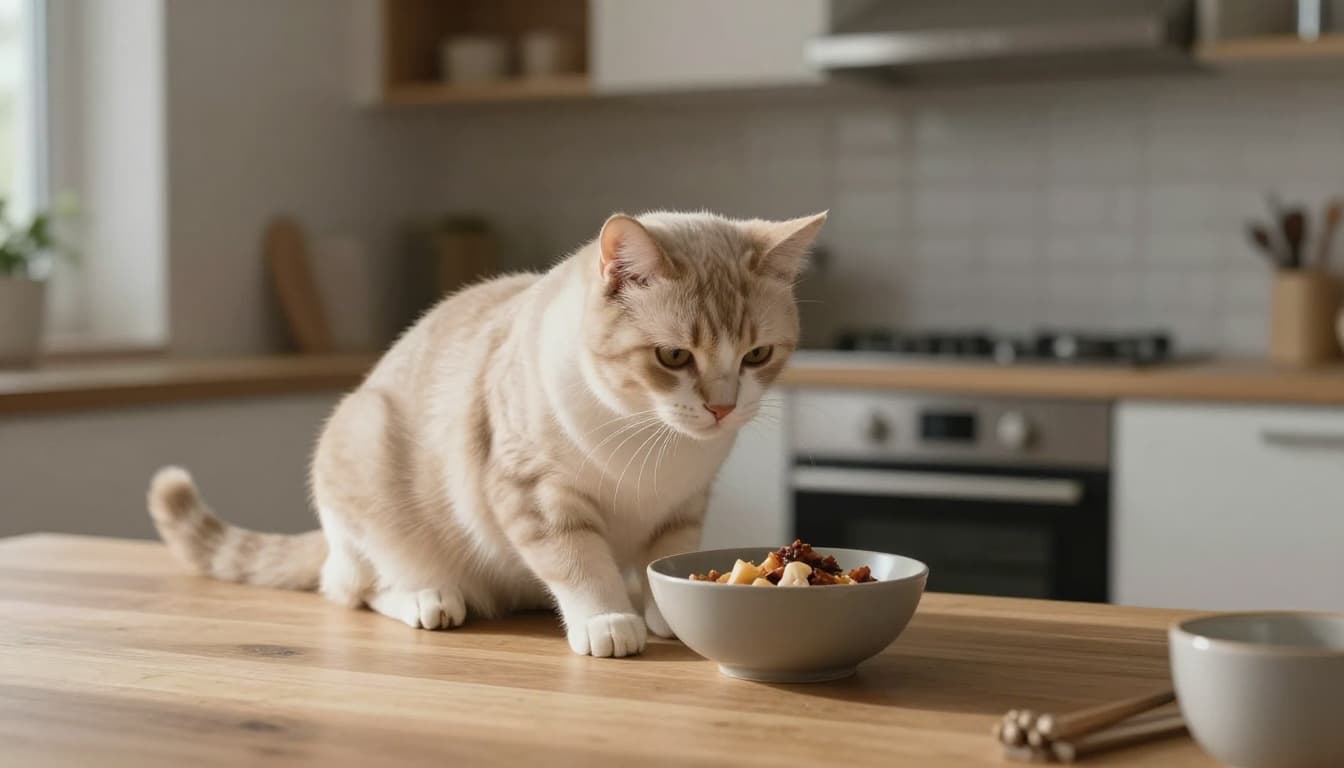 An attentive cat with perked ears and moving tail curiously watches its owner near the kitchen in a bright modern Scandinavian interior featuring light wood, beige and gray tones, and minimalist decor.