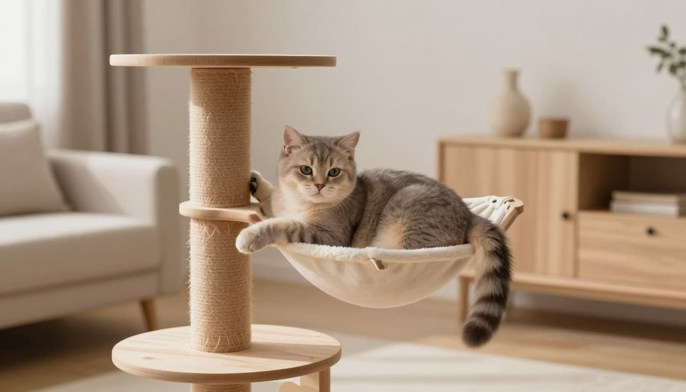 A beautiful domestic cat with soft fur climbs and relaxes on a premium wooden cat tree in a bright Scandinavian living room with minimalist beige decor and natural light.