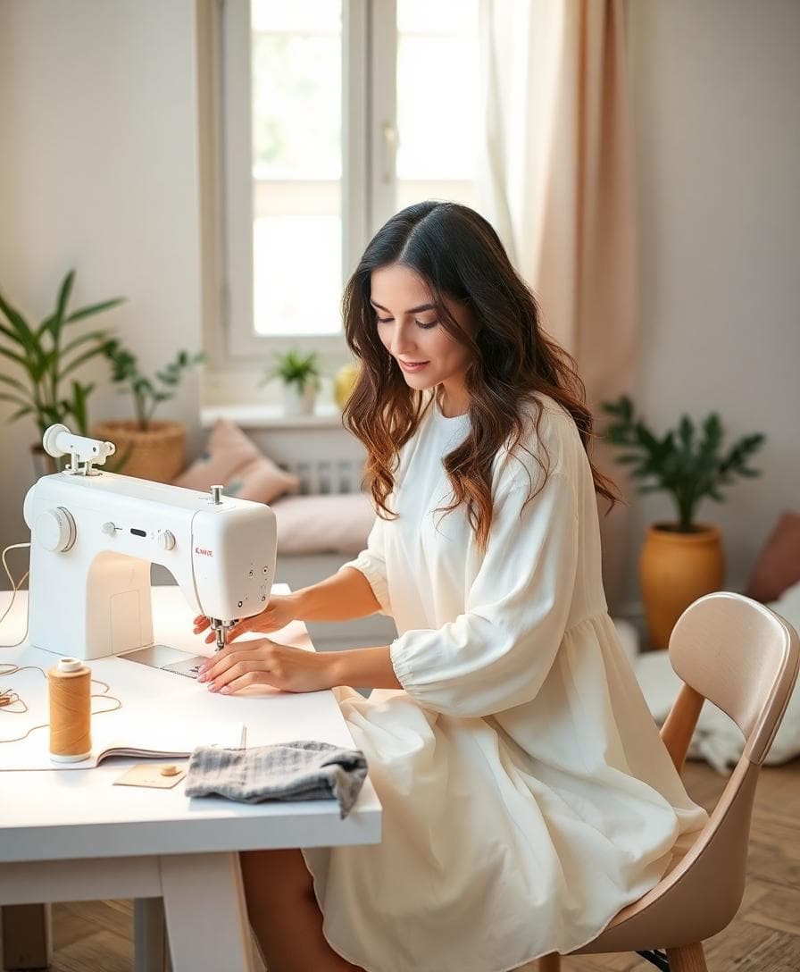 Débutante en couture réalisant une jupe simple dans un espace bohème lumineux
