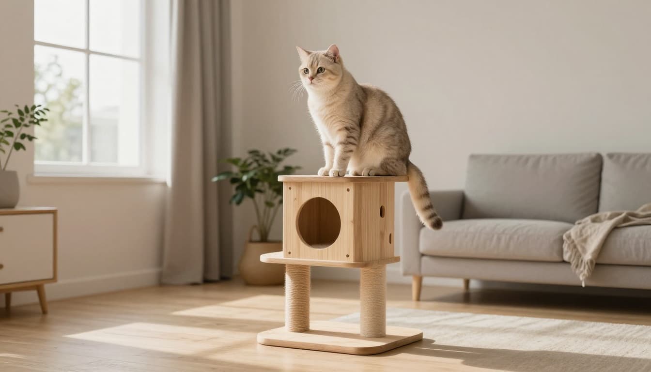A confident light beige tabby cat perches on a wooden cat tree in a bright modern Scandinavian living room with minimalist neutral decor and natural light.