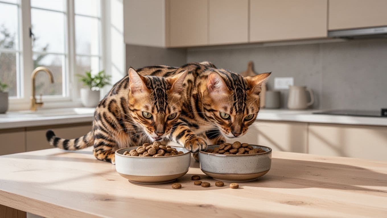 A Bengal cat with vibrant rosette patterns eats premium quality kibble from two modern ceramic bowls on a light wooden kitchen counter in a bright Scandinavian kitchen. Natural light and minimalist decor create a warm, cozy atmosphere in this premium lifestyle photograph.