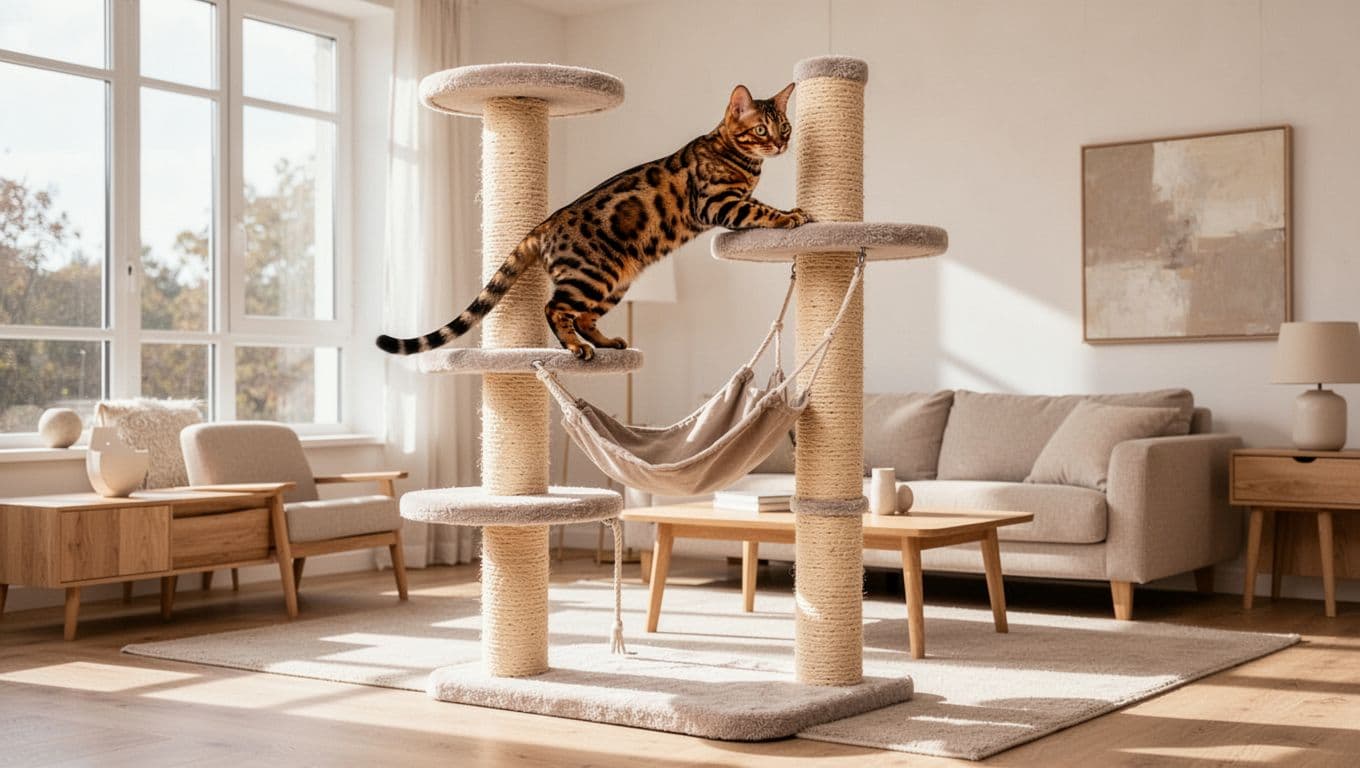 A sleek Bengal cat climbs and rests on a sturdy premium cat tree featuring thick sisal scratching posts, wide platforms, and a hammock in a modern Scandinavian living room with bright natural light and minimalist furniture.
