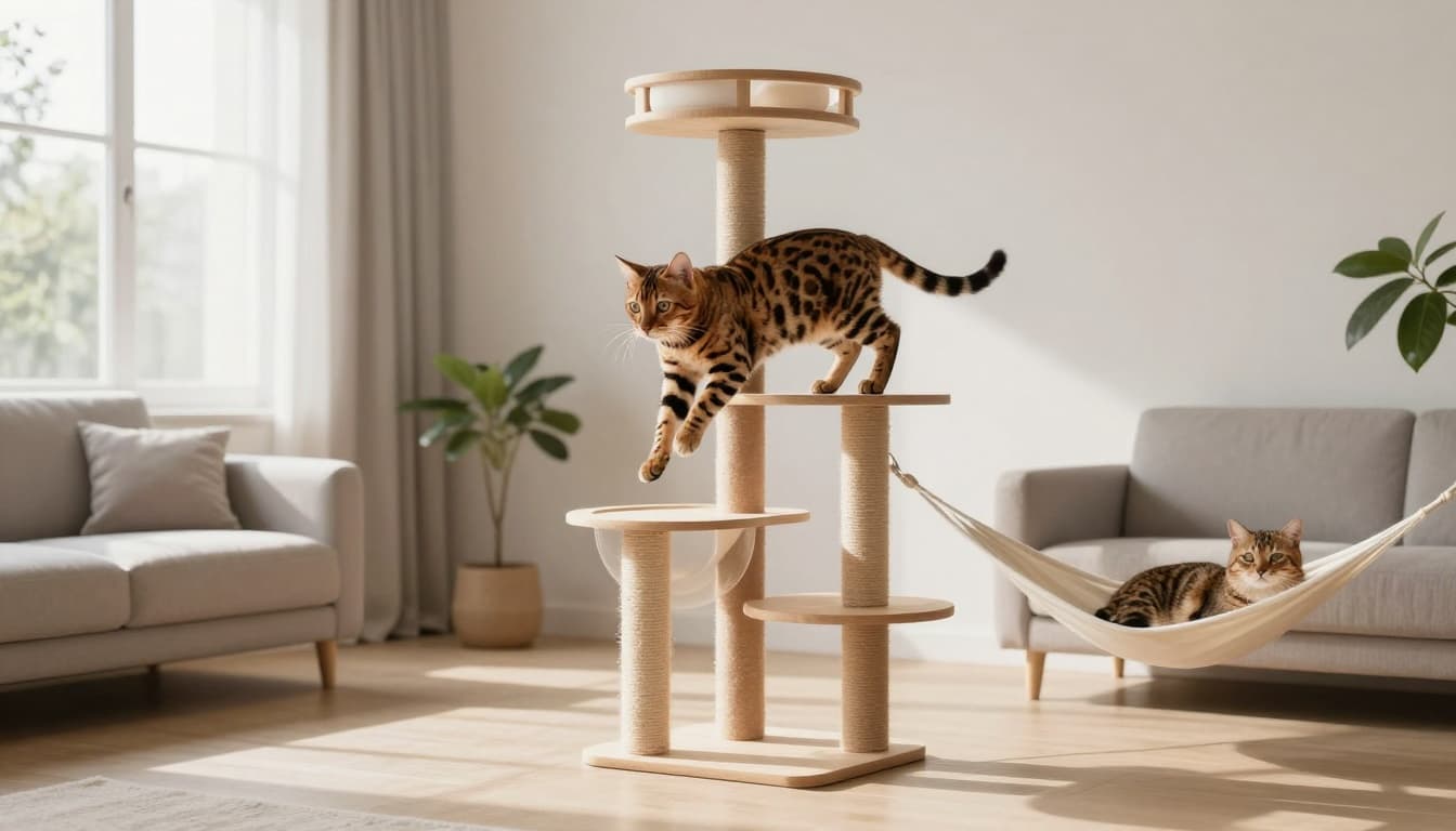 In a bright minimalist Scandinavian living room with neutral tones and natural light, an active Bengal cat climbs energetically on a tall wooden cat tree featuring platforms, hammocks, and scratching posts, while a relaxed Chartreux cat lounges in a cozy hammock nearby.