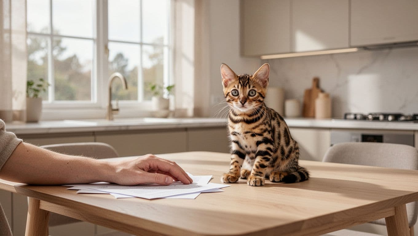 A single relaxed hand rests on a light wooden table in a bright Scandinavian kitchen filled with natural light, next to one young Bengal kitten with naturally relaxed paws. Minimalist warm cozy atmosphere in neutral colors with simple papers under the hand.