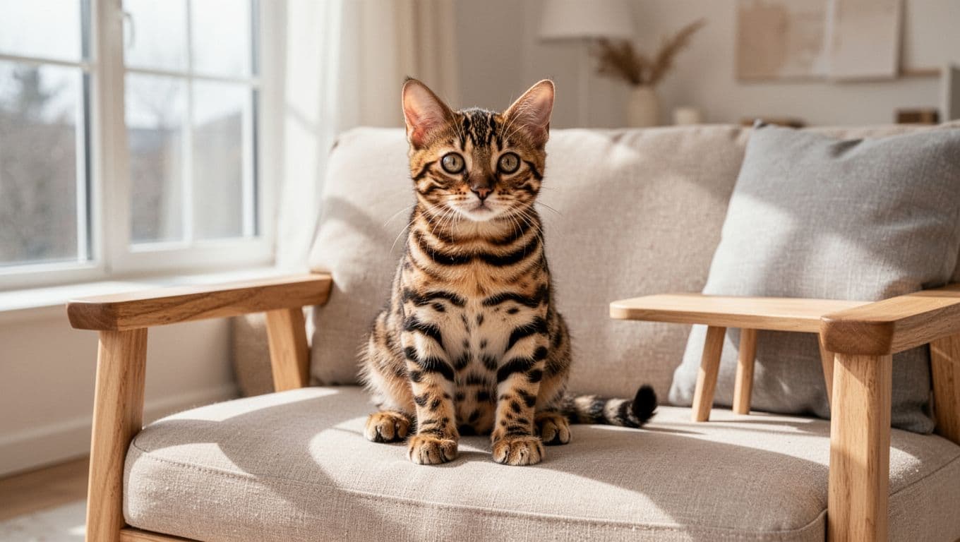 A Bengal kitten with distinct rosette patterns sits on a light wood sofa in a minimalist Scandinavian interior, bathed in natural light from a large window. The cozy space features neutral tones of beige, light gray, and wood, with a calm, elegant premium lifestyle photography style.