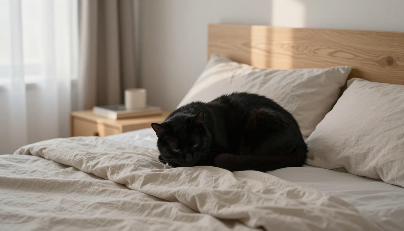 A sleek black cat curls up close to a person's head on a soft pillow in a serene Scandinavian bedroom with morning light filtering through curtains.