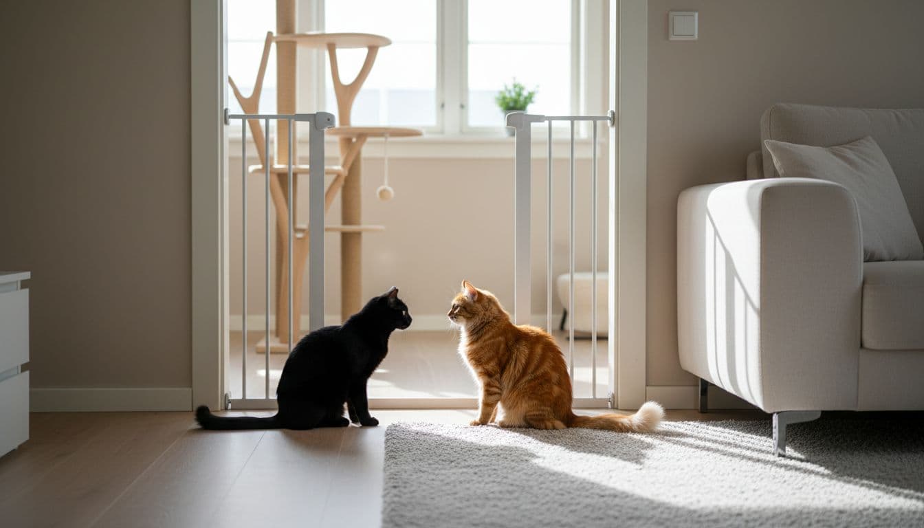 In a bright modern Scandinavian living room with minimalist beige and wood tones, a sleek black cat and ginger tabby gaze calmly at each other through a white baby gate.